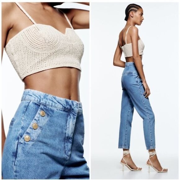 Zara High Rise Sailor Button Slant Pocket Jeans Vintage Wash Straight Leg Sz S - Picture 2 of 14